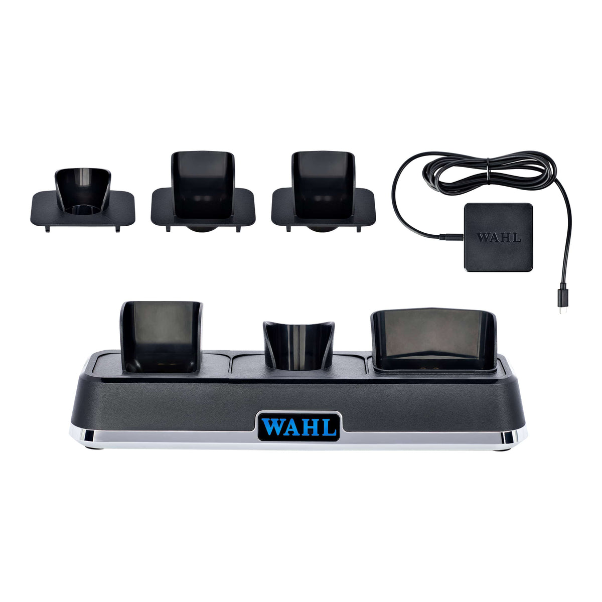 Wahl Multiport Power Station met tondeuses en trimmers in de oplaadpoorten.