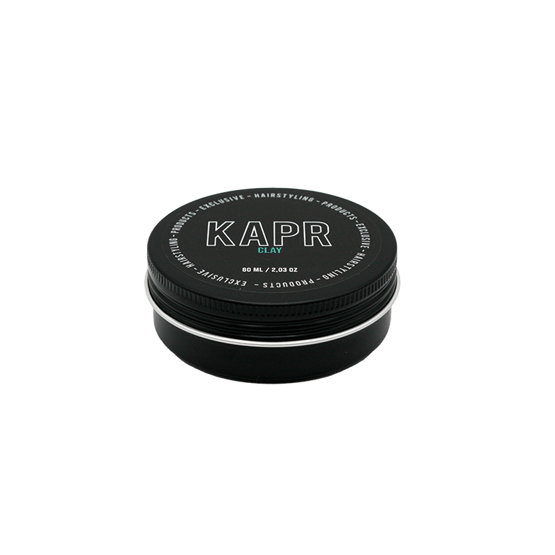 KAPR Clay 60ml – kleine zwarte pot met wit logo en blauwe tekst.