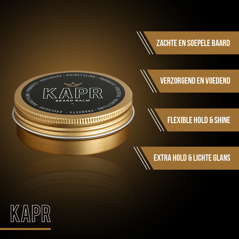Open blik KAPR baardbalsem met gladde balsem erin.|Premium Beard Balm 60ml blik geplaatst tegen een luxueuze donkere achtergrond.|Een man met baard en een blik Beard Balm in een luxueuze setting|Blik Premium Beard Balm 60ml met de belangrijkste productvoordelen uitgelicht (zachte en soepele baard, verzorgend en voedend, flexible hold & shine).