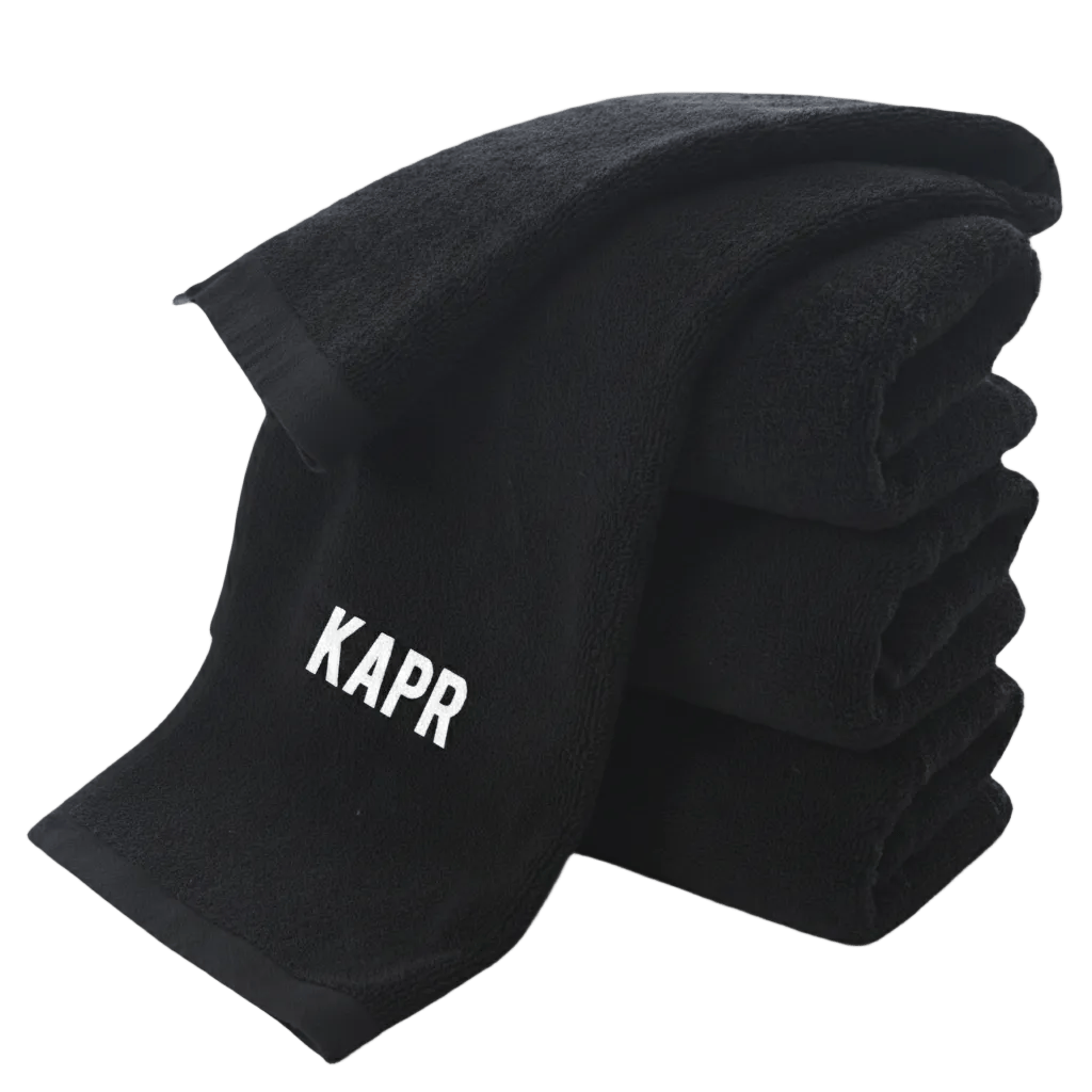 KAPR Salon Handdoeken Signature Dry 35x75cm – set van 5 zwarte handdoeken met wit logo.