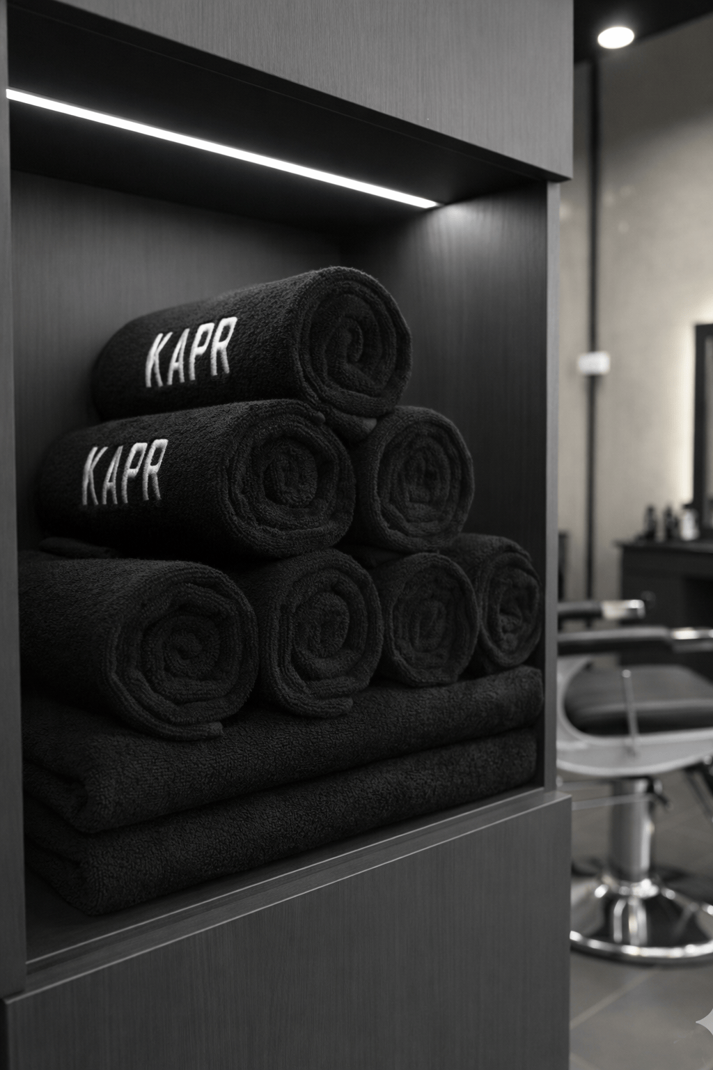 KAPR Salon Handdoeken opgevouwen in een kast in de barbershop.