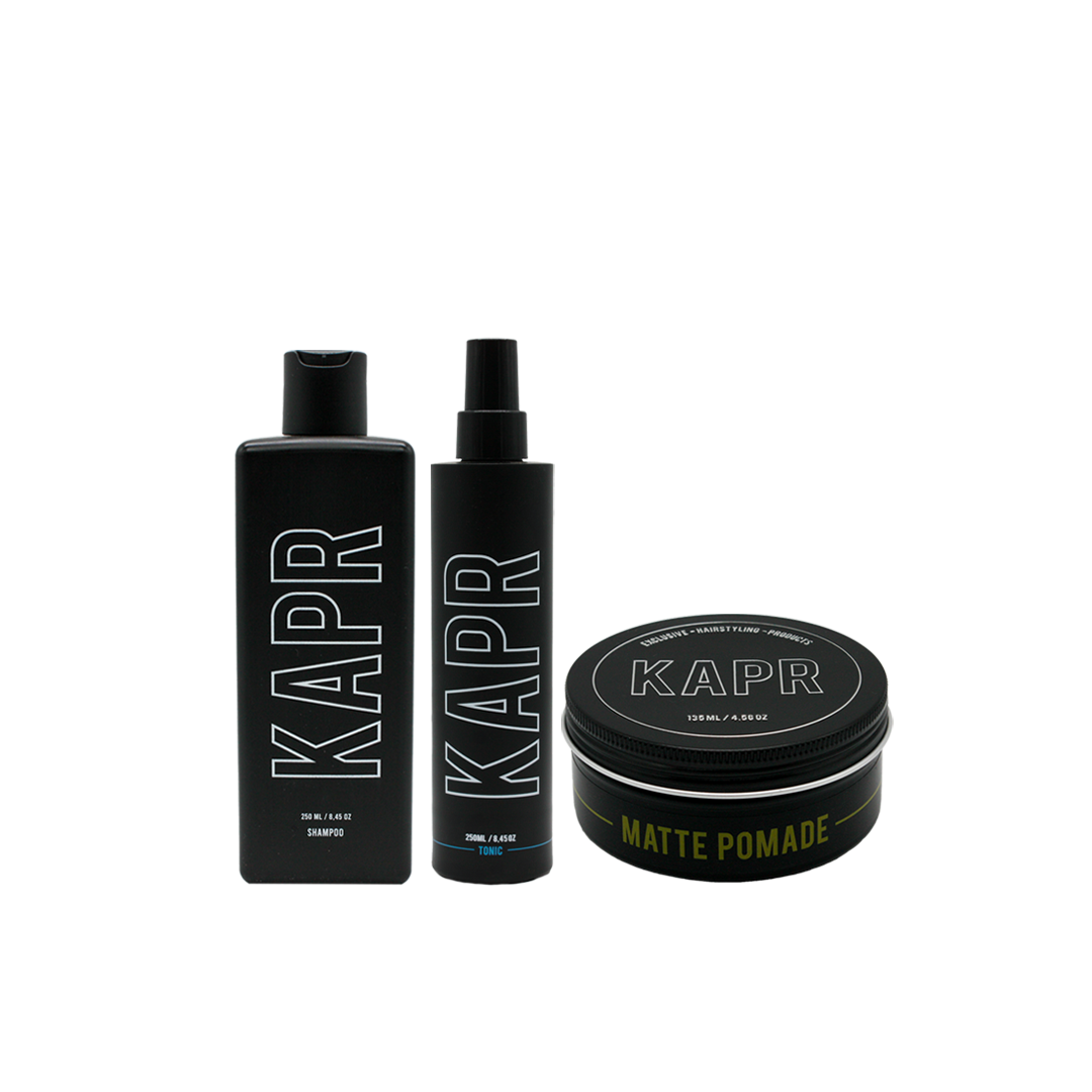 KAPR Complete Routine Pre-Styling met Matte Pomade – verzorging, pre-styling en styling in één set.