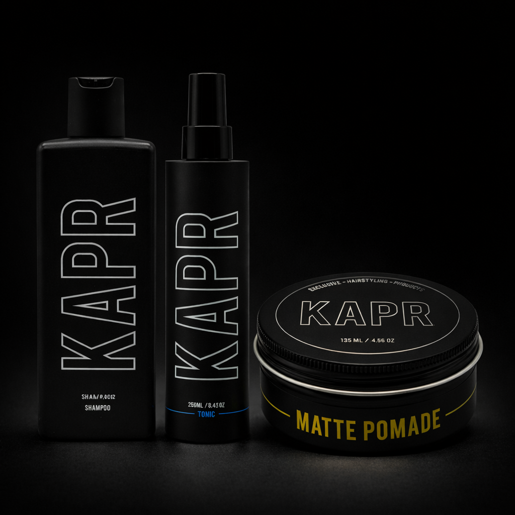 KAPR Complete Routine Pre-Styling met Matte Pomade op donkere achtergrond.