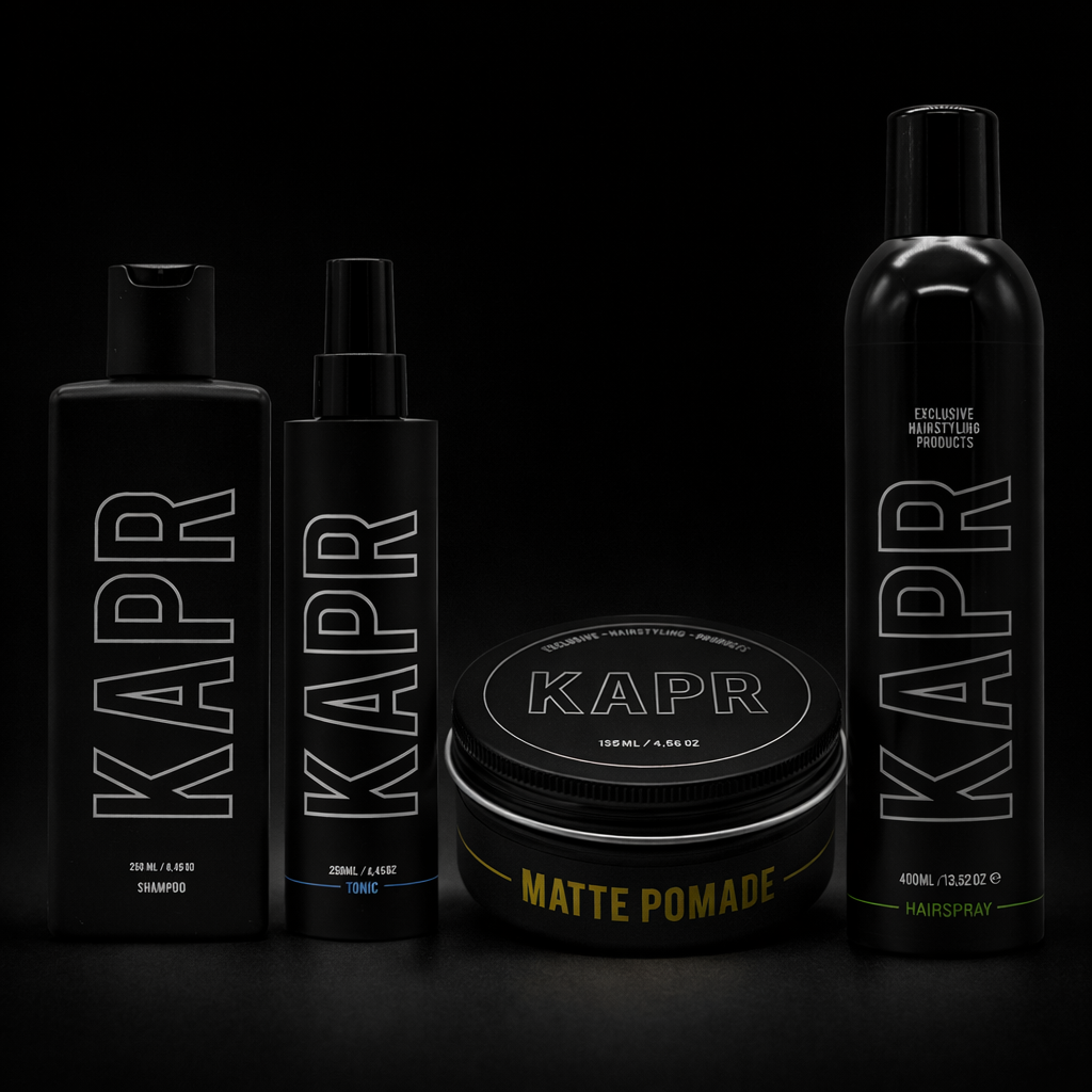 KAPR Complete Routine met Matte Pomade op donkere achtergrond.