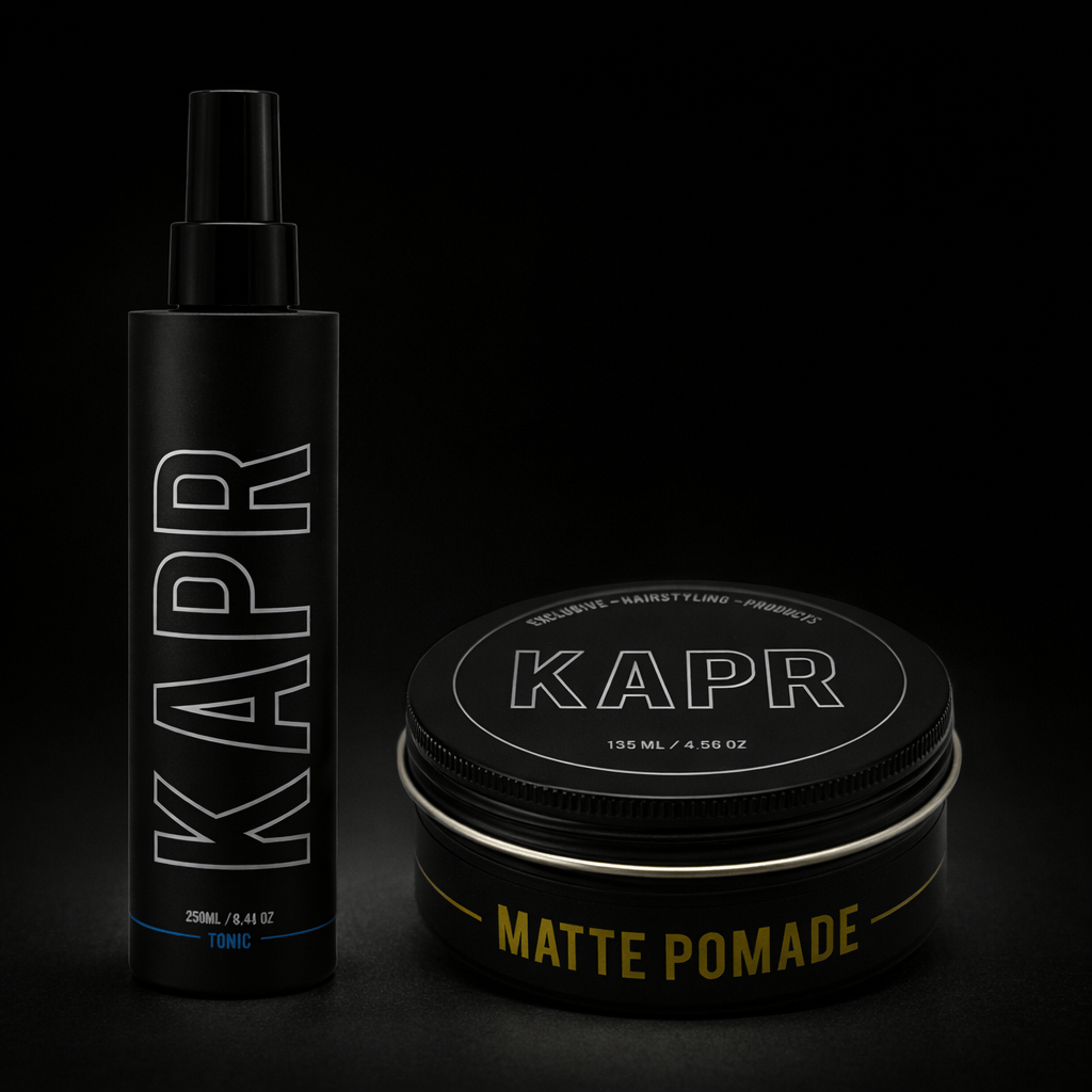 KAPR Styling Routine Essential met Matte Pomade op donkere achtergrond.