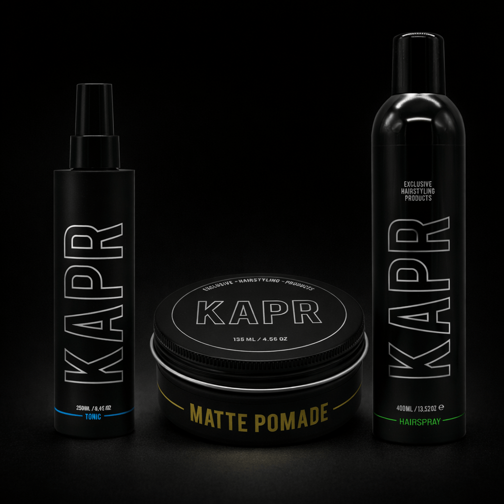 KAPR Styling Routine Strong Hold met Matte Pomade op donkere achtergrond.