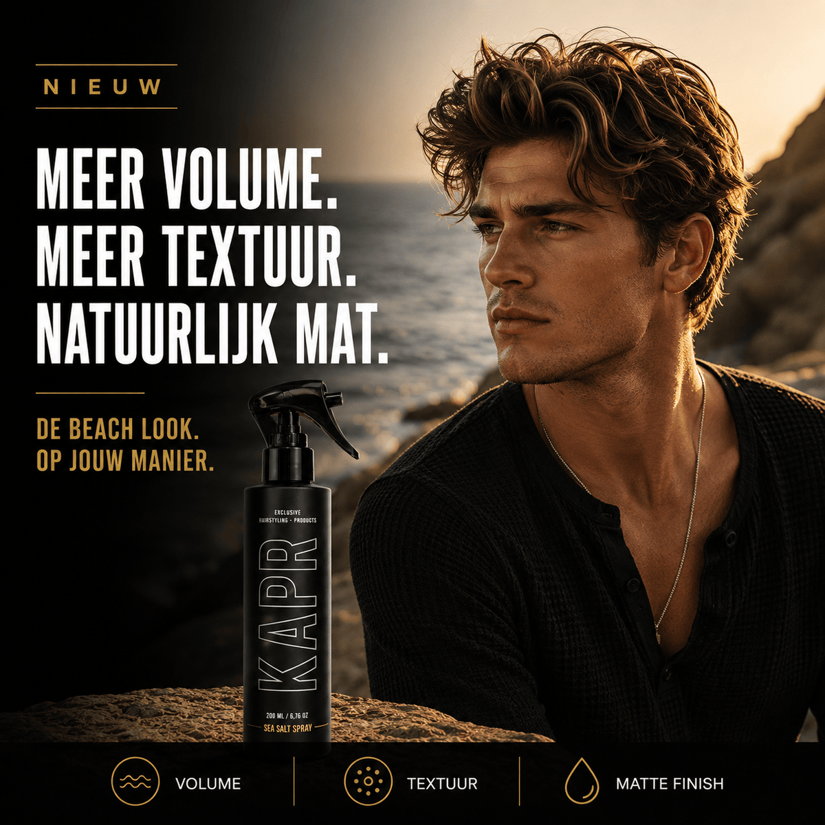 KAPR Sea Salt Spray – producteigenschappen: textuur, volume en beach look.