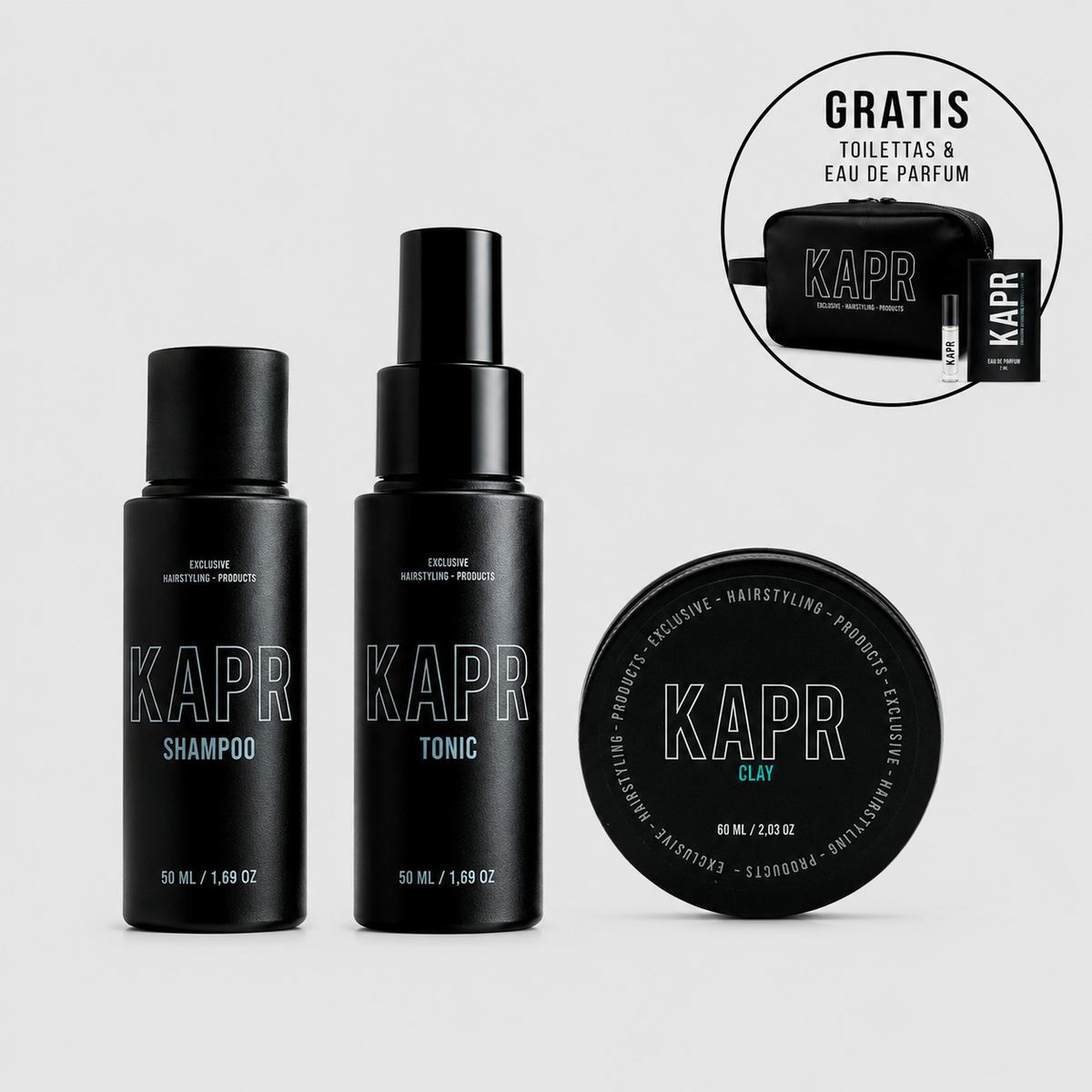 Discovery Kit Clay – Shampoo 50 ml, Hair Tonic 50 ml en Hair Clay 60 ml in travel-size, met gratis toilettas en eau de parfum tester