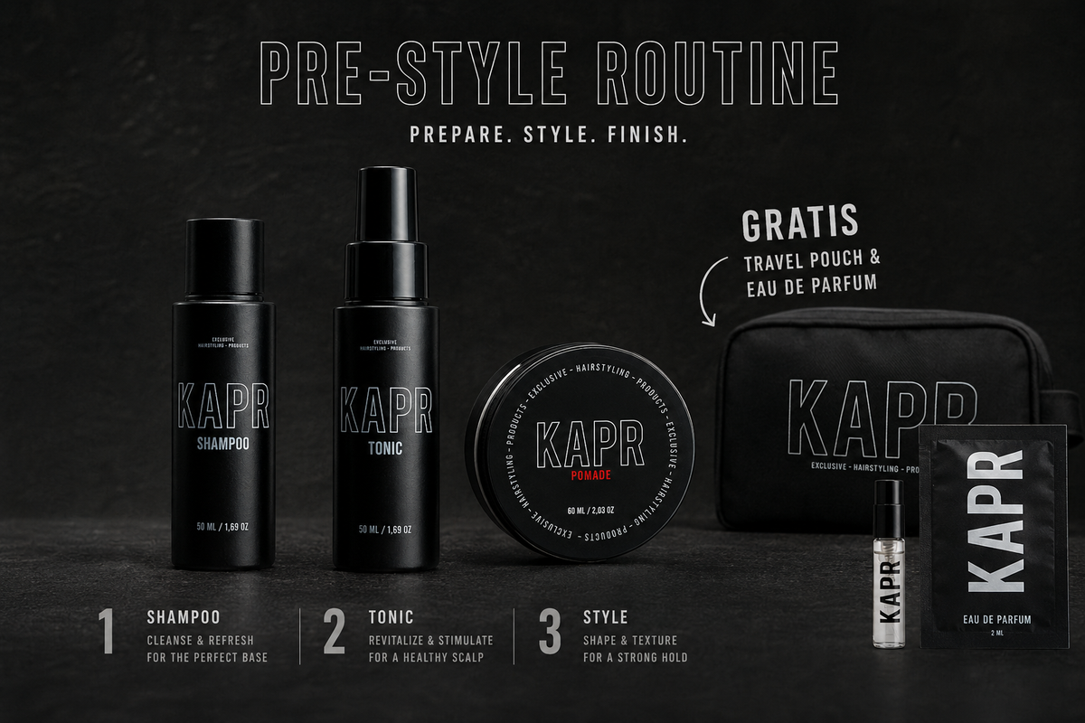 KAPR pre-style routine in 3 stappen: Shampoo, Tonic en Pomade in travel-size met gratis toilettas en parfumtester, reisklaar