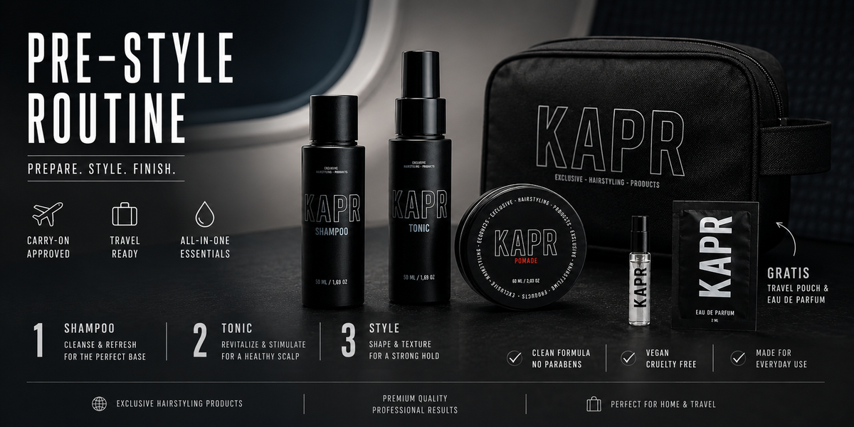 KAPR pre-style routine travel kit met Pomade: carry-on approved, clean formula, vegan