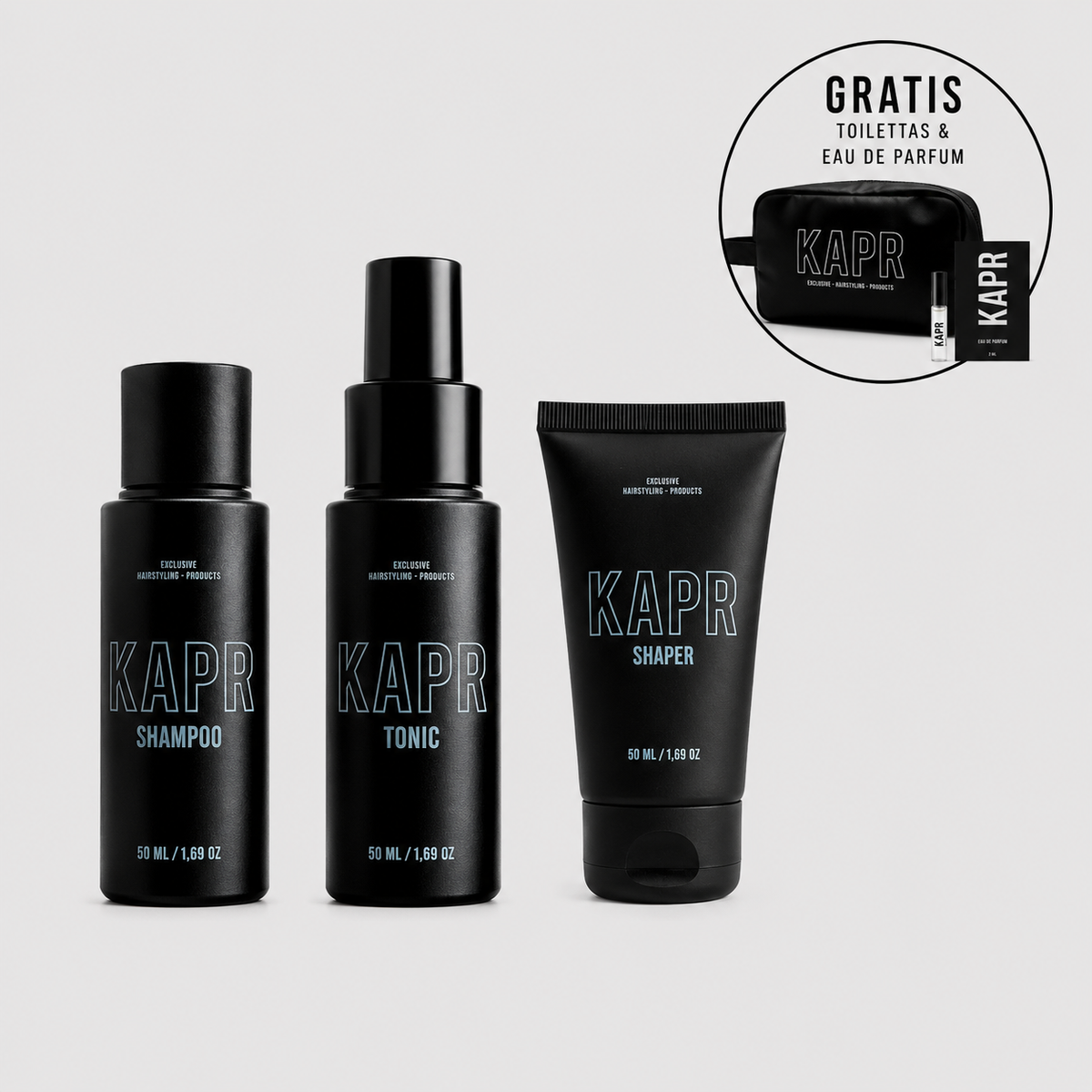 Discovery Kit Shaper – Shampoo 50 ml, Hair Tonic 50 ml en Shaper 50 ml in travel-size, met gratis toilettas en eau de parfum tester