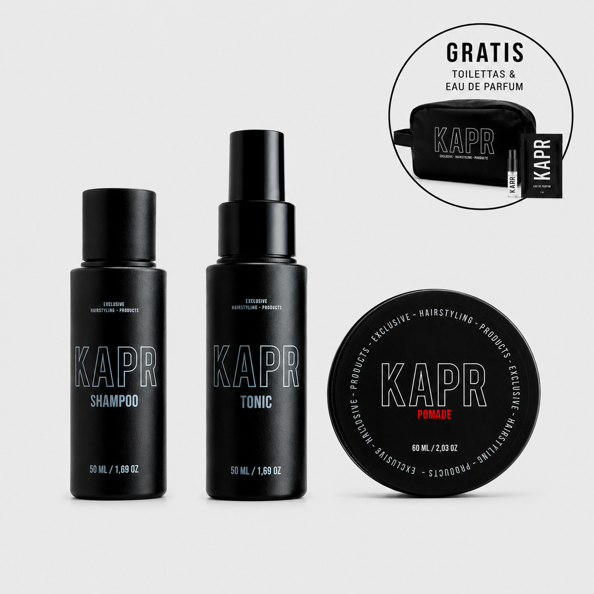 Discovery Kit Pomade – Shampoo 50 ml, Hair Tonic 50 ml en Pomade 60 ml in travel-size, met gratis toilettas en eau de parfum tester