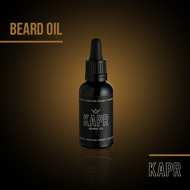 KAPR Beard Oil – professionele baardverzorging in goud-zwarte stijl.