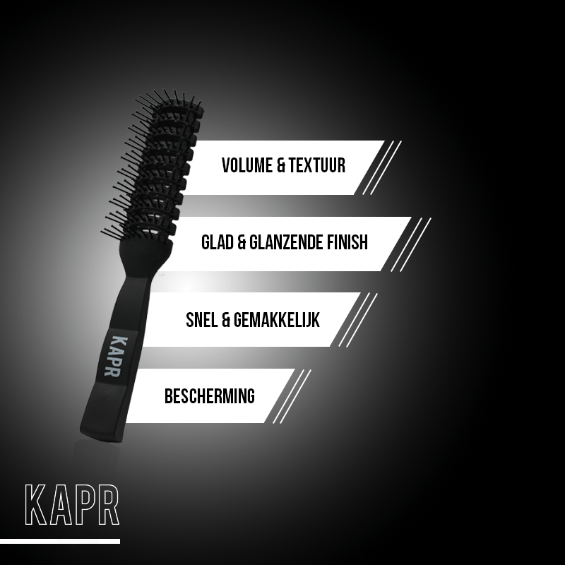 KAPR borstel met kenmerken: volume, glans, grip en duurzaamheid – productpresentatie.