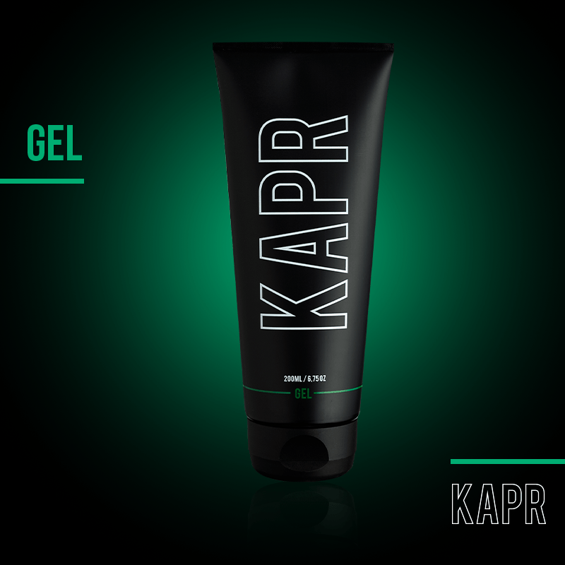 KAPR Gel – zwarte tube met wit logo op groene achtergrond, sterke hold stylinggel.