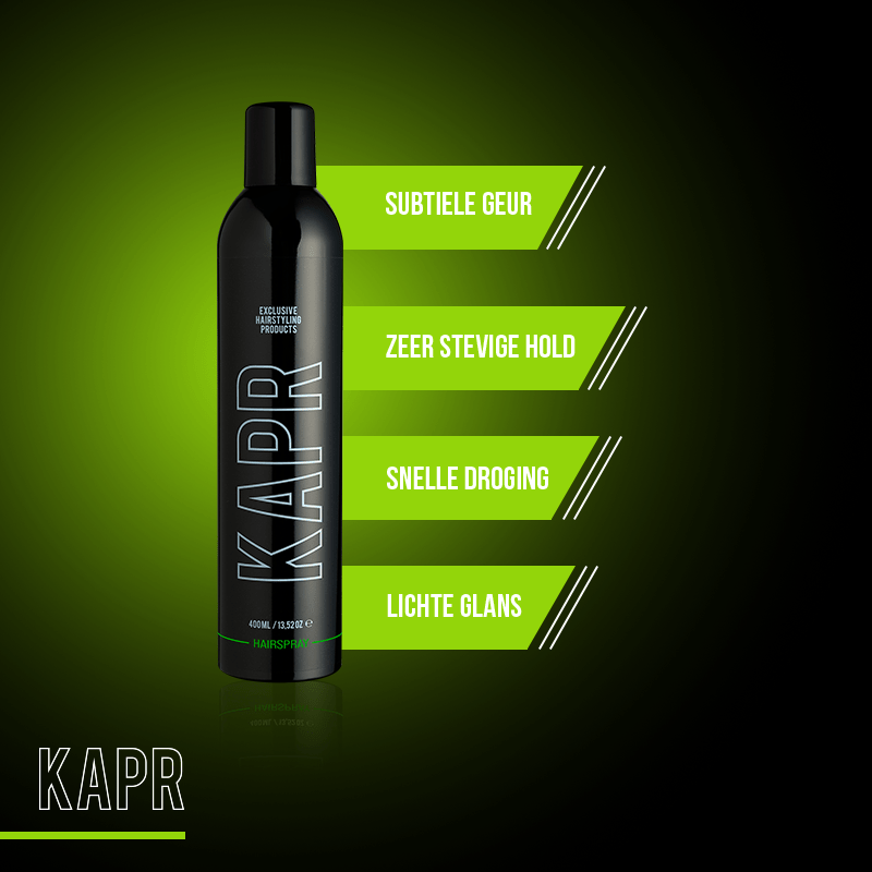 KAPR Hairspray met tekst: subtiele geur, stevige hold, snelle droging, lichte glans.