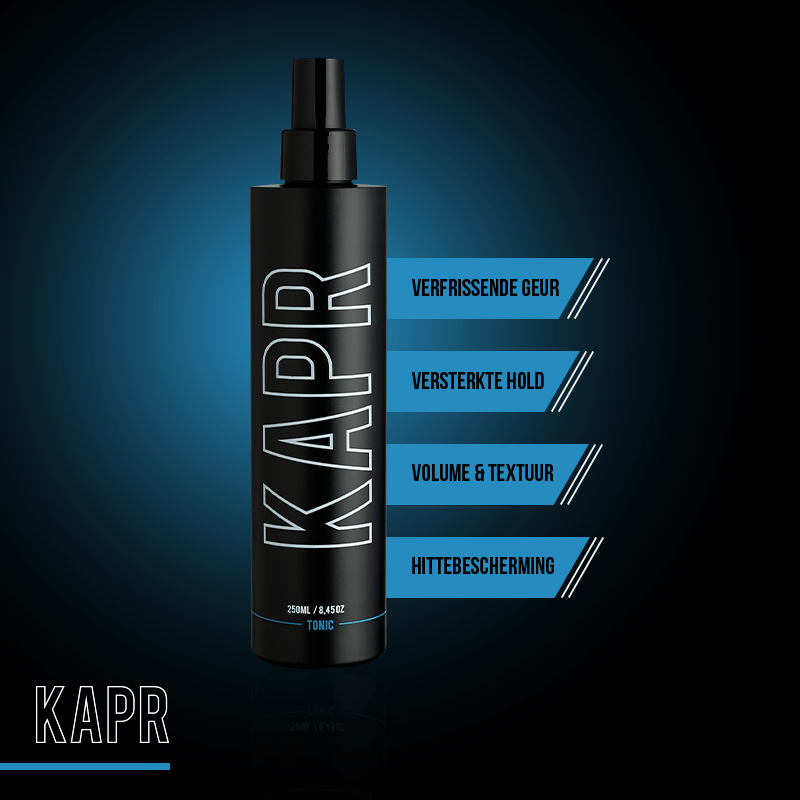 KAPR Tonic met tekst: verfrissende geur, natuurlijke glans, verzorgend effect.