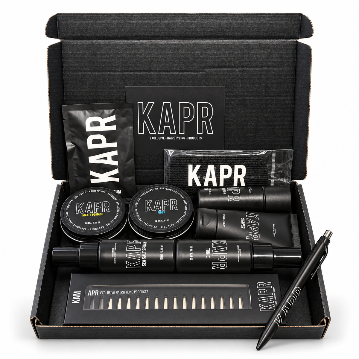 KAPR Experience Kit: zwarte presentatiedoos met Matte Pomade, Fiber Wax, Sea Salt Spray, Hair Tonic, Shaper, styling kam en pen