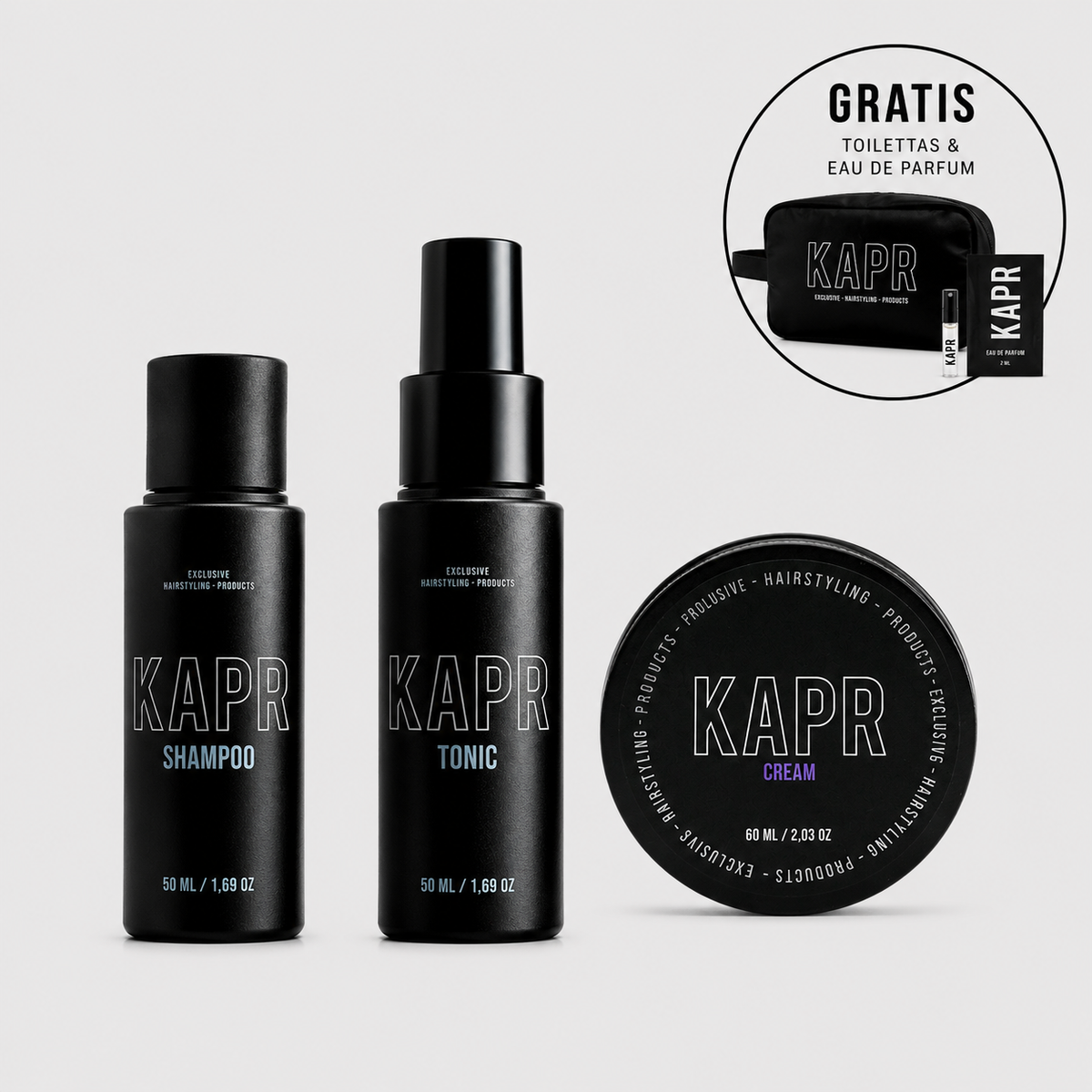 Discovery Kit Cream – Shampoo 50 ml, Hair Tonic 50 ml en Styling Cream 60 ml in travel-size, met gratis toilettas en eau de parfum tester
