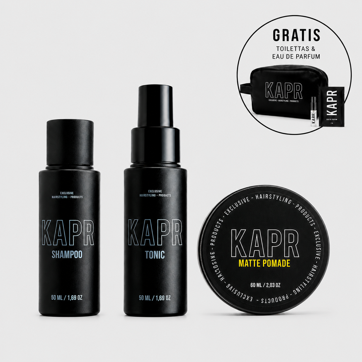 Discovery Kit Matte Pomade – Shampoo 50 ml, Hair Tonic 50 ml en Matte Pomade 60 ml in travel-size, met gratis toilettas en eau de parfum tester