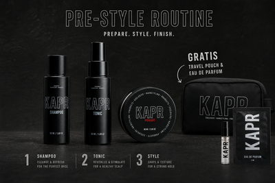 KAPR pre-style routine in 3 stappen: Shampoo, Tonic en Pomade in travel-size met gratis toilettas en parfumtester, reisklaar