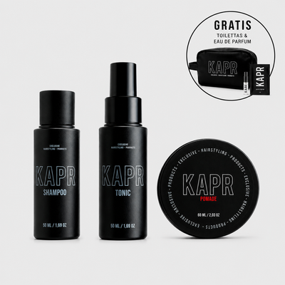 Discovery Kit Pomade – Shampoo 50 ml, Hair Tonic 50 ml en Pomade 60 ml in travel-size, met gratis toilettas en eau de parfum tester
