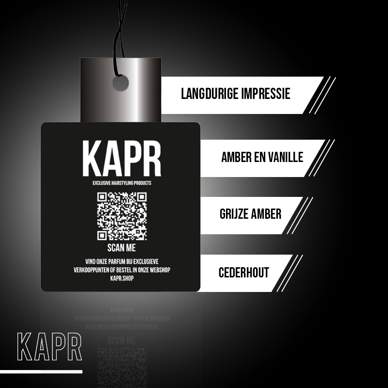 KAPR luchtverfrisser met tekst: langdurige impressie, amber & vanille geur.