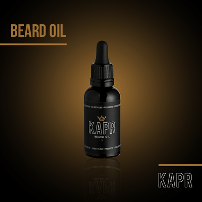 KAPR Beard Oil – professionele baardverzorging in goud-zwarte stijl.