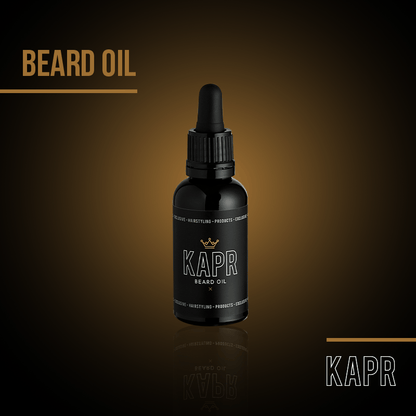 KAPR Beard Oil – professionele baardverzorging in goud-zwarte stijl.