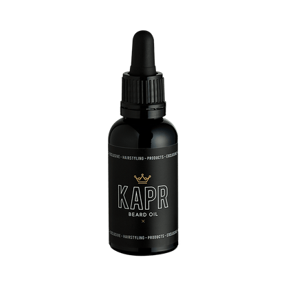 KAPR Beard Oil – zwarte fles met pipet, voedende olie voor een gezonde baard.