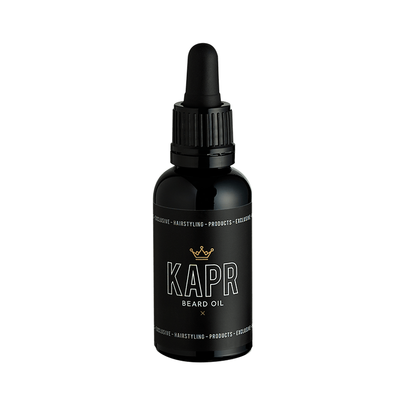 KAPR Beard Oil – zwarte fles met pipet, voedende olie voor een gezonde baard.