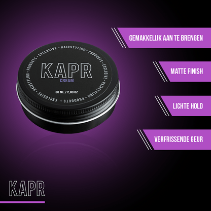 KAPR Cream – zwarte pot met paars label en tekst: makkelijk te breken, matte finish, lichte hold.