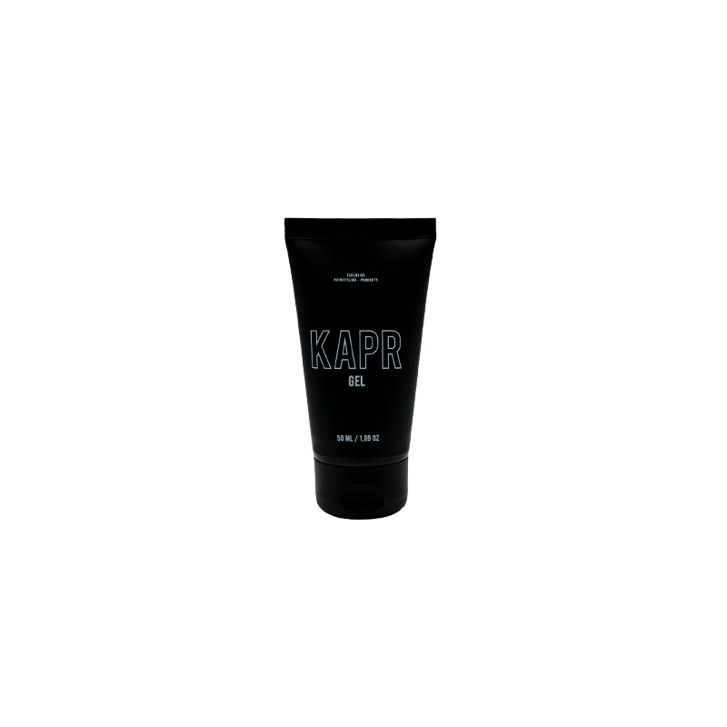 KAPR Gel – zwarte tube met wit logo op transparante achtergrond, professionele haarstyling gel.