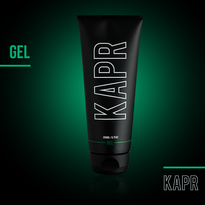KAPR Gel – zwarte tube met wit logo op groene achtergrond, sterke hold stylinggel.