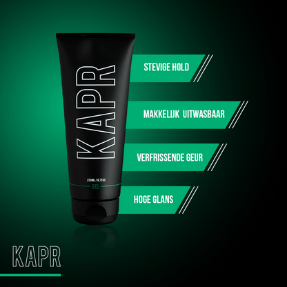 KAPR Gel – zwarte tube met tekst: sterke hold, makkelijk uitwasbaar, frisse geur, hoge glans.
