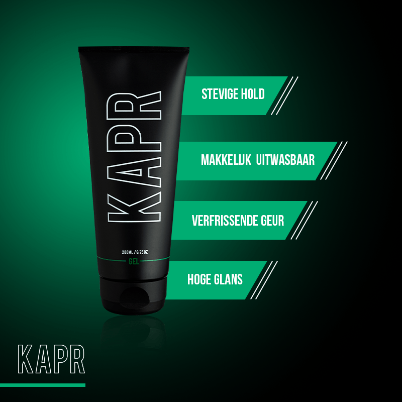 KAPR Gel – zwarte tube met tekst: sterke hold, makkelijk uitwasbaar, frisse geur, hoge glans.