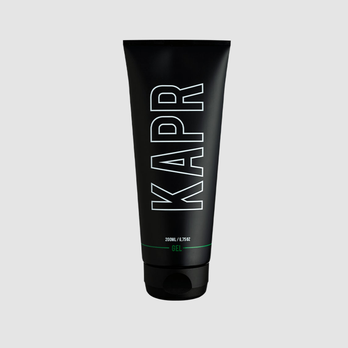 KAPR Gel – zwarte tube met wit logo op grijze achtergrond, professionele barbershop gel.