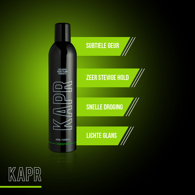 KAPR Hairspray met tekst: subtiele geur, stevige hold, snelle droging, lichte glans.