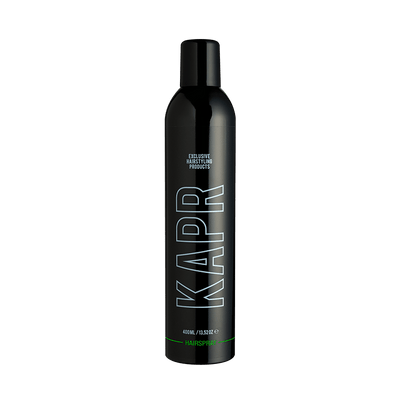 KAPR Hairspray – zwarte haarsprayfles met wit logo op transparante achtergrond.