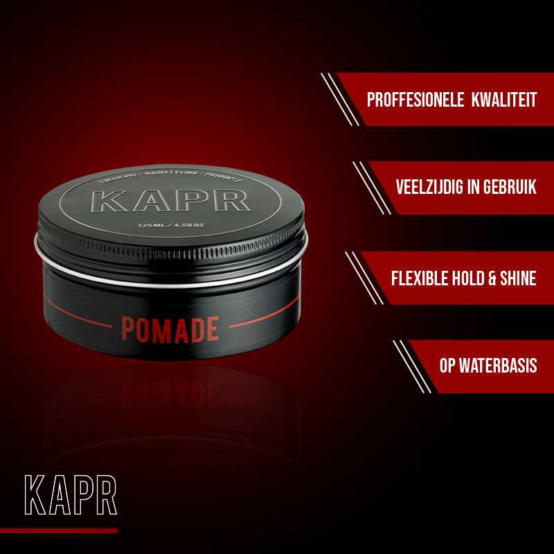 KAPR Pomade – productpresentatie met eigenschappen in rood design.
