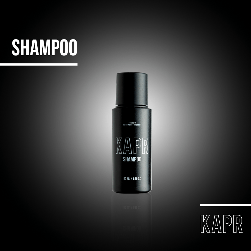 KAPR Shampoo – zwarte fles met pomp, verzorgt en reinigt haar en baard.