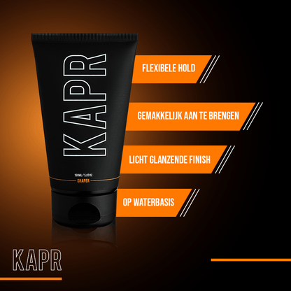 KAPR Shaper met tekst: flexibele hold, makkelijk aan te brengen, matte finish, waterbasis.