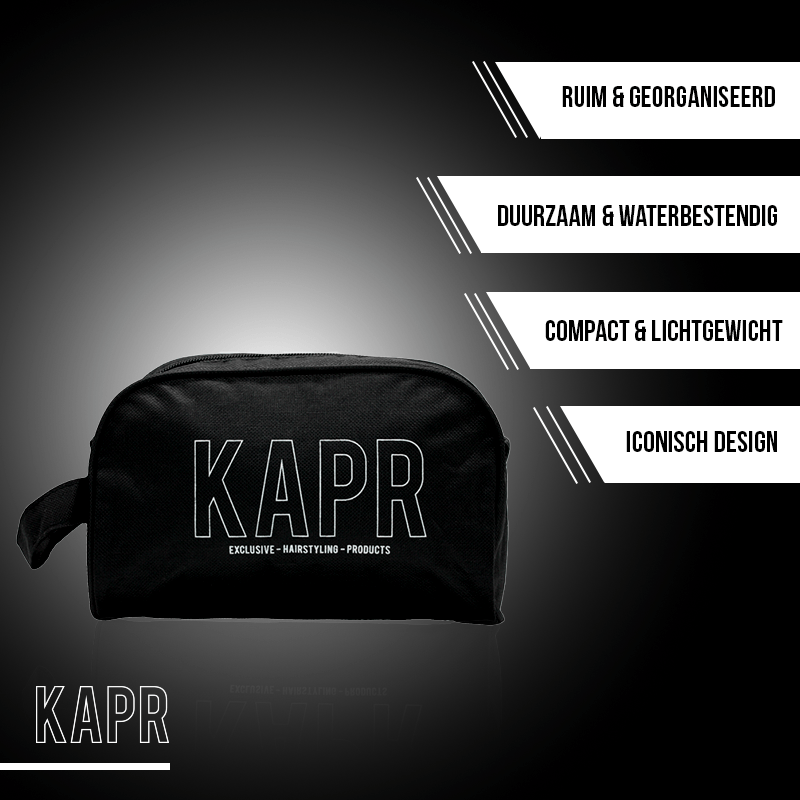 KAPR toilettas met tekst: ruim, waterbestendig, compact, iconisch design – productpresentatie.