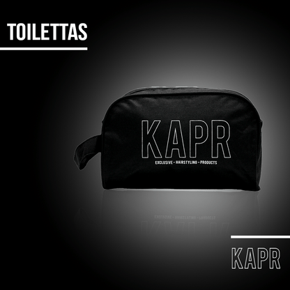 KAPR toilettas op donkere achtergrond met tekst ‘Toilettas’ – professioneel en strak design.