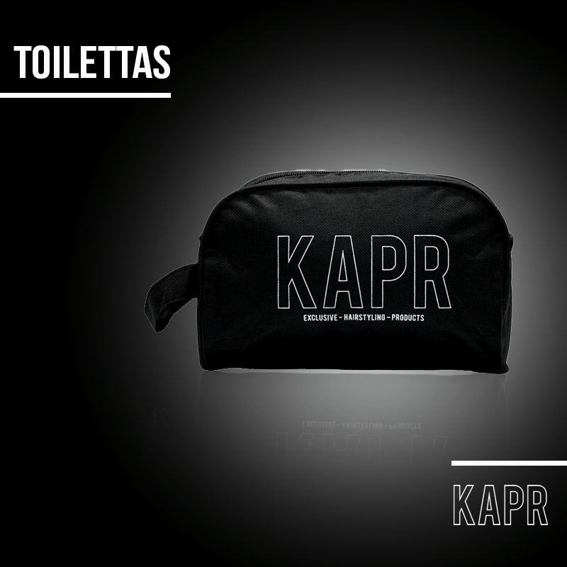 KAPR toilettas op donkere achtergrond met tekst ‘Toilettas’ – professioneel en strak design.