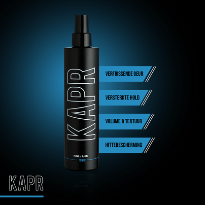 KAPR Tonic met tekst: verfrissende geur, natuurlijke glans, verzorgend effect.