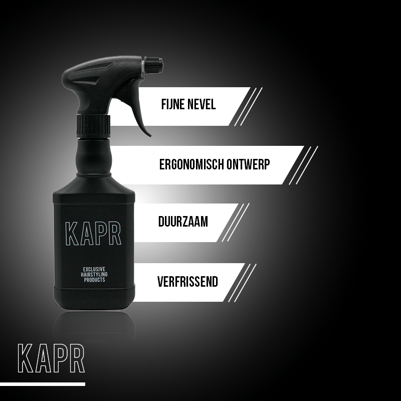 KAPR sprayfles – man met waterspuit, gebruikt in barbershop voor styling en verzorging.